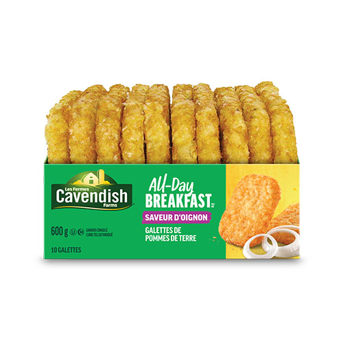 All-Day Breakfast Onion Hash Brown Patties, 600 g, 10 pieces in a small box, ideal for breakfast.