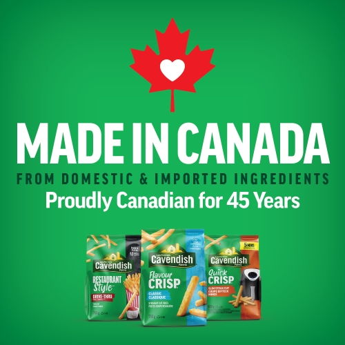 Cavendish Farms products with 'Made in Canada' text and a red maple leaf on a green background.