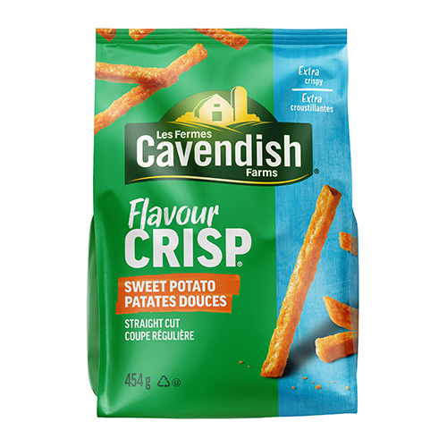 FlavourCrisp Sweet Potato Straight Cut Fries, 750 g, package featuring a prominent green colour.