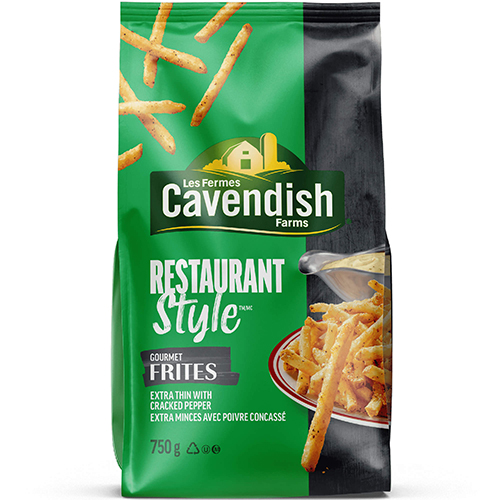 Restaurant Style Extra Thin Gourmet Fries, 750 g, package featuring a prominent green colour.
