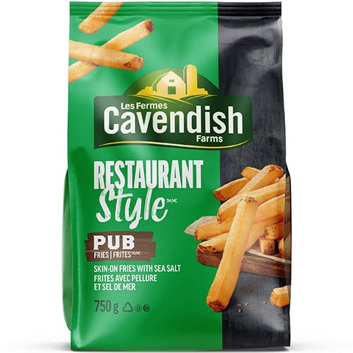Cavendish Farms Restaurant Style Pub Fries, 750 g, package featuring a prominent green colour.