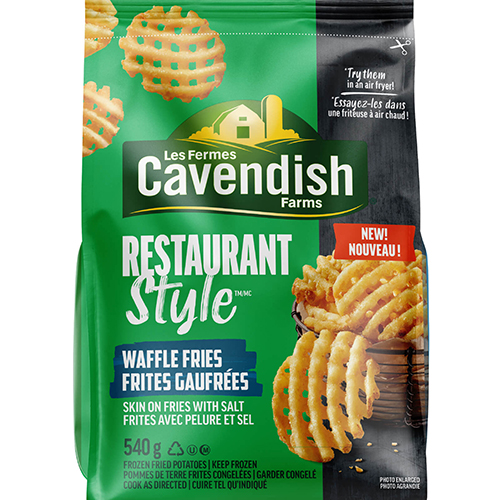 Cavendish Farms Restaurant Style Waffle Fries, 540 g, package featuring a prominent green colour.