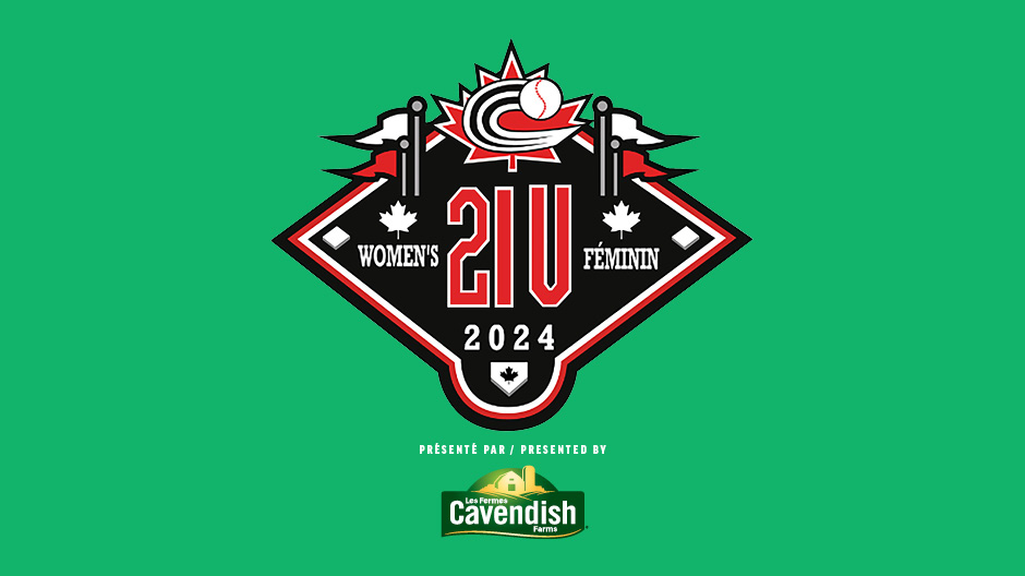 Cavendish Farms logo beneath the 2024 Baseball Canada 21U Women’s National Championship emblem, with 'presented by' text.