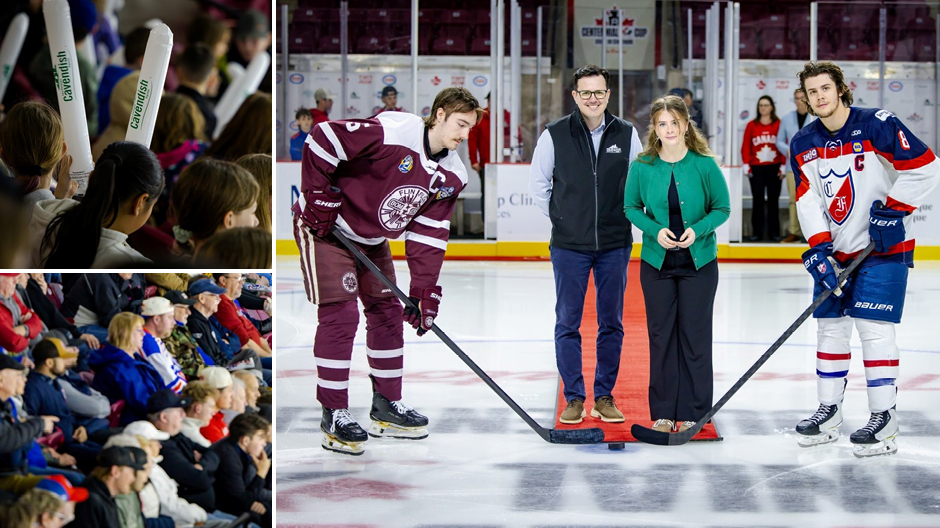 Collage showing hockey crowd, fans with cheering sticks, and ceremonial puck drop on ice during event