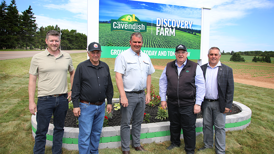 Robert K. Irving with leaders from Farmboys Inc., Cavendish Farms, and the Government of Prince Edward Island at the Discovery Farm launch.
