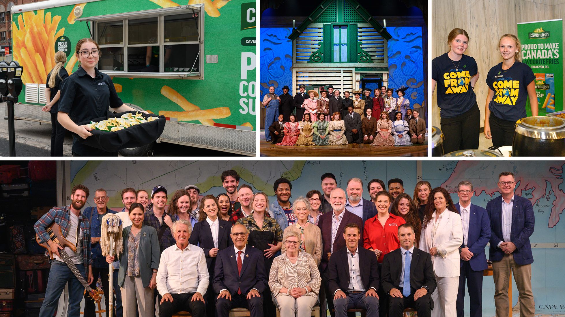 Collage of Charlottetown Festival scenes with fry samples, cast groups, volunteers, and community event guests.