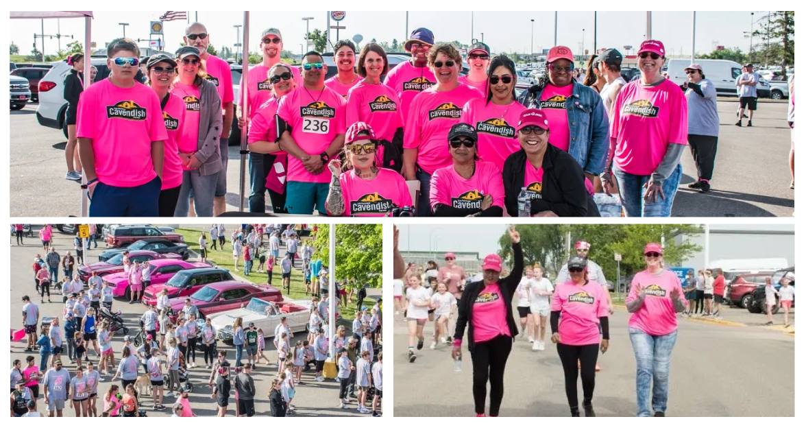 Collage of a pink-themed community walk event with group photo, aerial crowd view, and walkers celebrating.