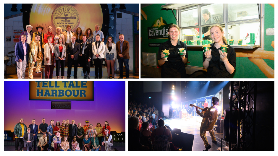 Performers on stage and groups posing at Tell Tale Harbour and Rock & Roll Hall backdrops.