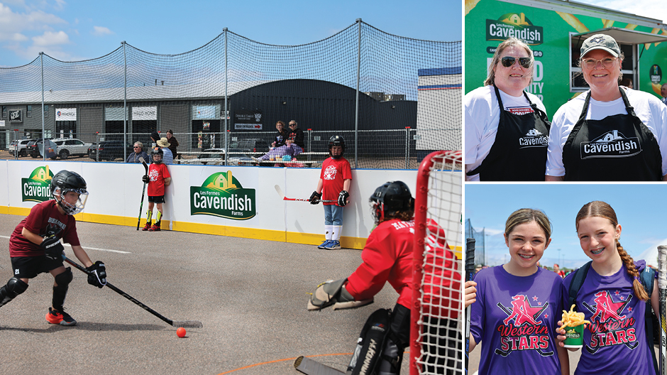Youth play street hockey on an outdoor rink with Cavendish branding, while event staff and two participants pose nearby.