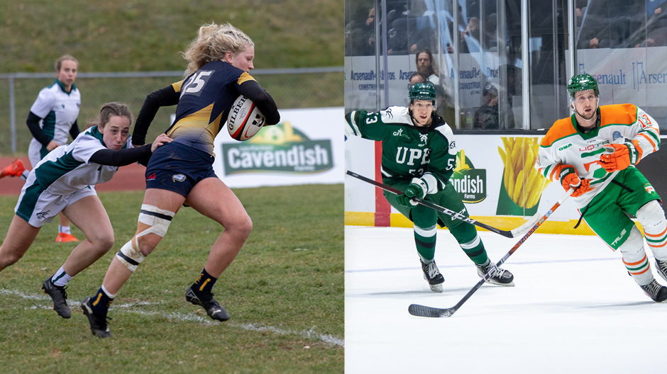 Split image: rugby tackle on grass and hockey players skating beside rink board ads